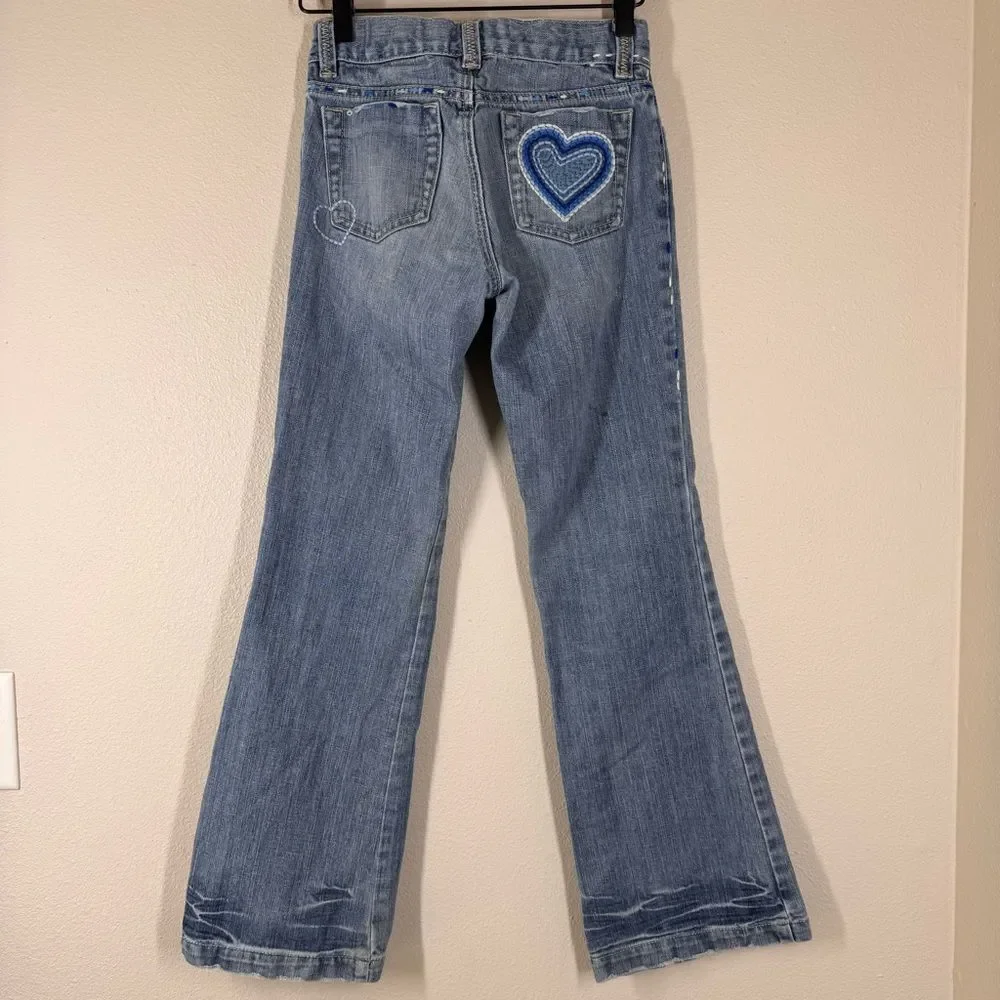 Gap Vintage Girls Y2K Flare Jeans Embroidered Heart Medium Wash Denim Size 12